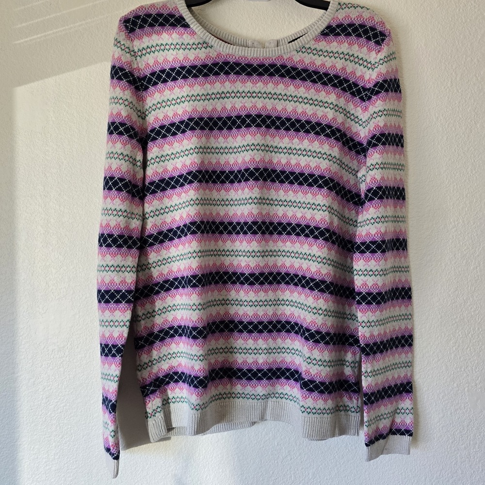 Talbots Women's Large Cotton Blend Fair Isle Blue Pink Zip Back Cardigan Sweater